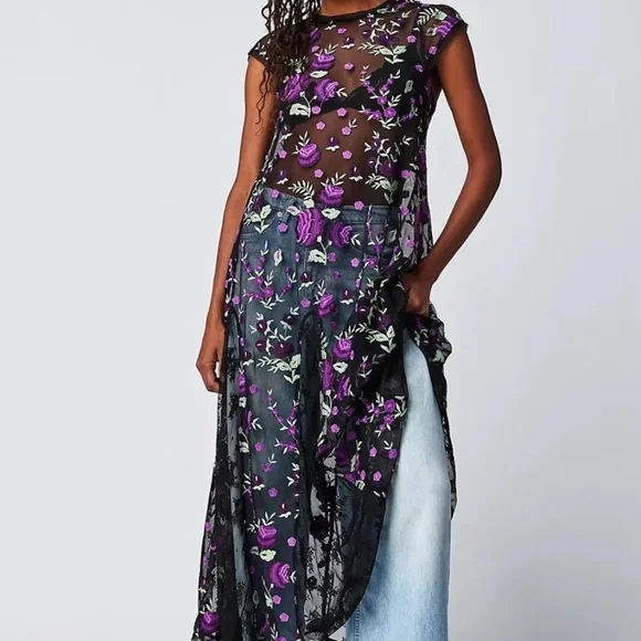 Free People Sky Bright Midi Dress in Purple SZ M Floral Cap Sleeve